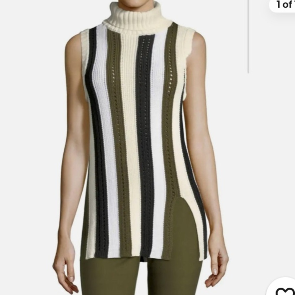 Derek Lam sleeveless stripe cotton turtleneck sweater green black cream NWOT M